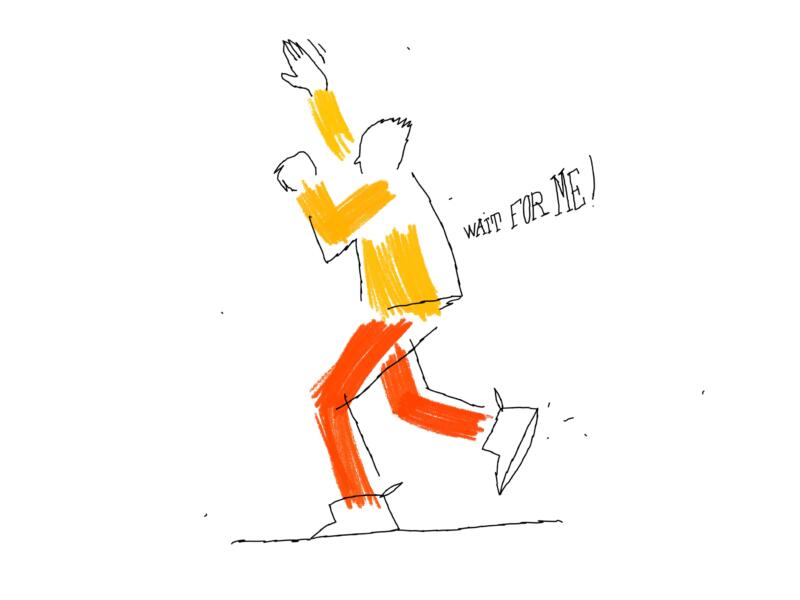 En person joggar och ropar ut vänta på mig