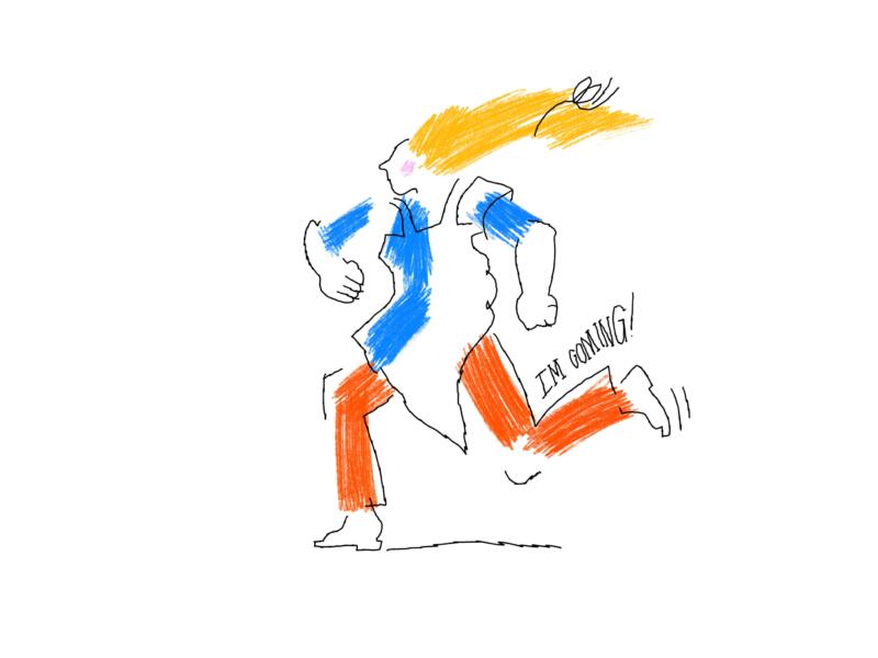 En person med långt blont hår springer