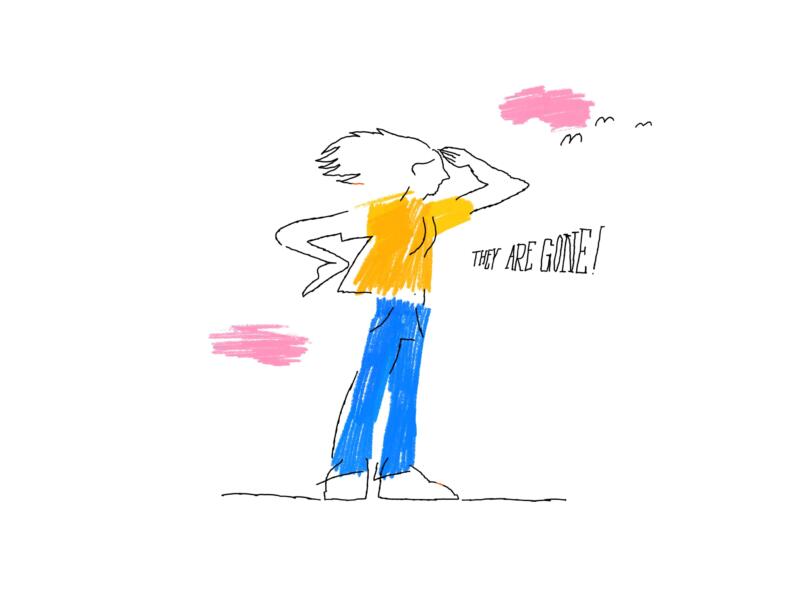 En långhårig person står och spejar efter något och säger att de är borta