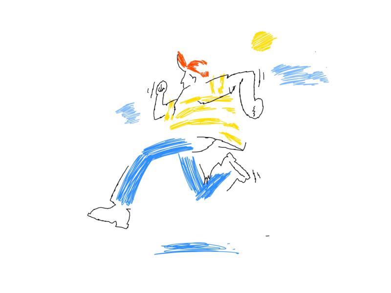 En person med röd keps, gulrandig t-shirt och blå byxor springer jättefort