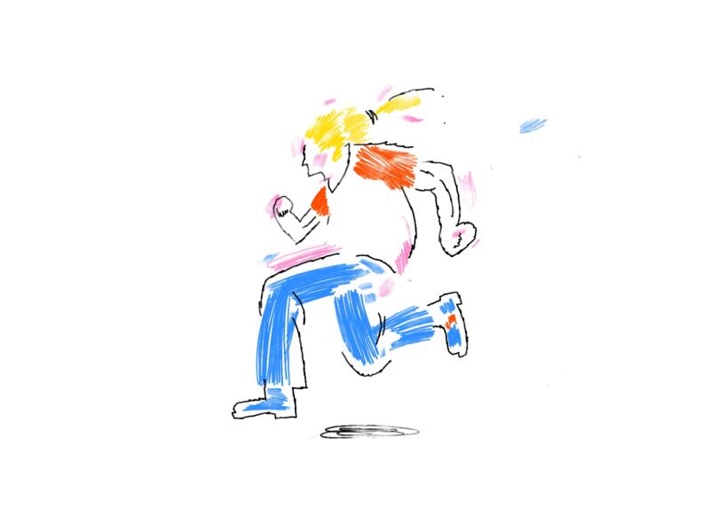 A blond person is running full speed towards something