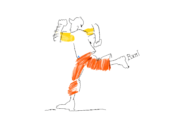 En person i keps och röda byxor springer