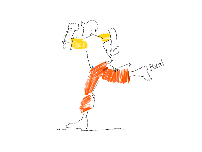 En person i keps och röda byxor springer