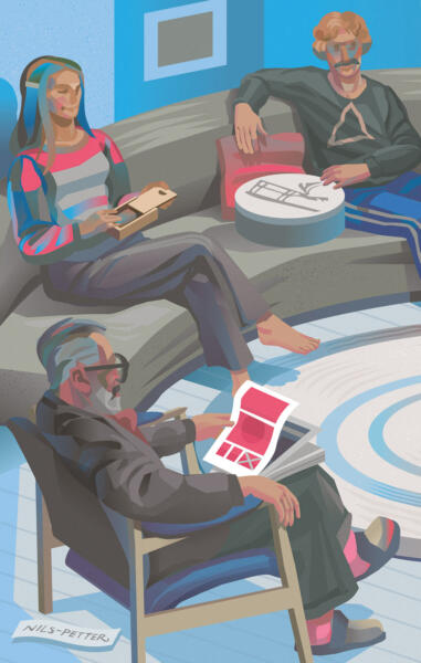 Close-up detail of editorial illustration by Nils-Petter Ekwall showing students and researchers in a study circle discussing and collaborating in an academic environment.