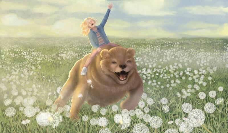 Illustration av ett barn som rider på en vänlig björn genom ett fält av maskrosor i mjukt ljus