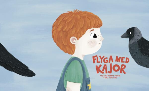 Omslagsillustration till boken Flyga med kajor.  Man ser huvudkaraktären barnet Theo i Profil i mitten av bilden tittandes rakt på en kaja.  Emellan dem står titeln på boken.