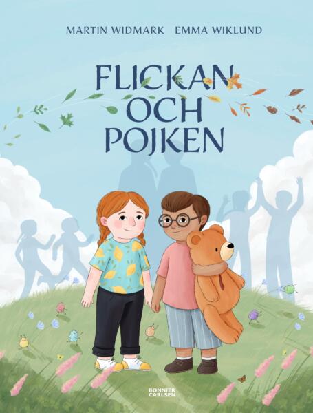 Illustration till framsidan av omslaget till boken Livet enligt en nallebjörn. Flickan och pojken står längst fram, pojken håller i nallebjörnen. I bakgrunden kan man se silhuetter av flickan och pojken i olika stadier i livet.