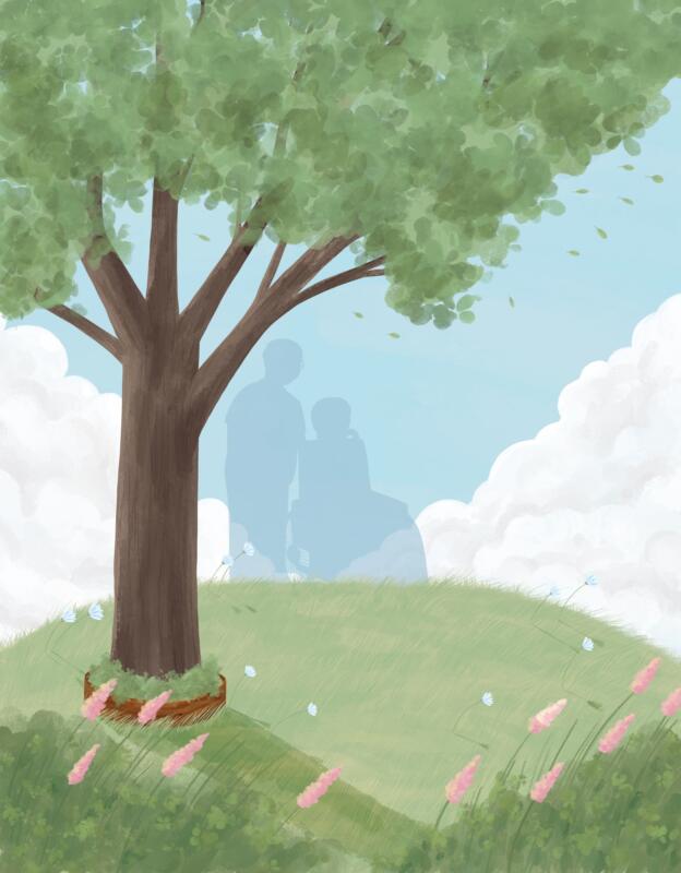 Illustration till baksidan av omslaget till boken Livet enligt en nallebjörn. Ett stort träd och under en silhuett av flickan och pojken på ålderns höst.