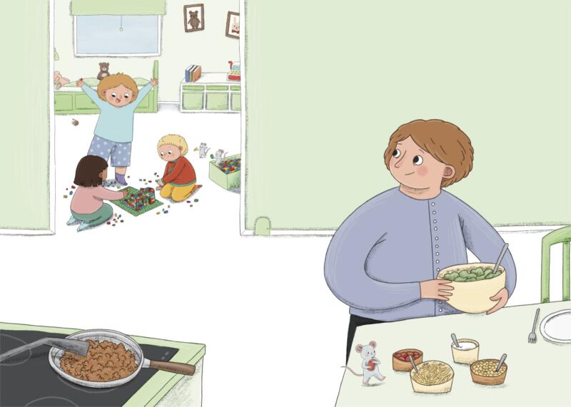 Illustration till boken Rätt ska va rätt. Storknorr lagar middag medan Lillknorr, Miniknorr och Miniknorrs kompis leker med lego i bakgrunden.