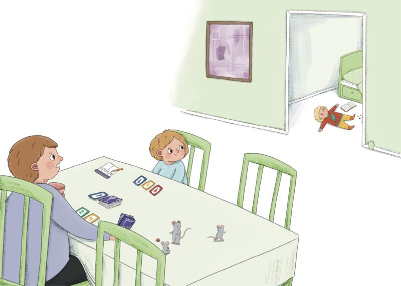 Illustration till boken Rätt ska va rätt. Storknorr och Lillknorr försöker spela spel. Miniknorr ligger på golvet och vägrar gå i säng.