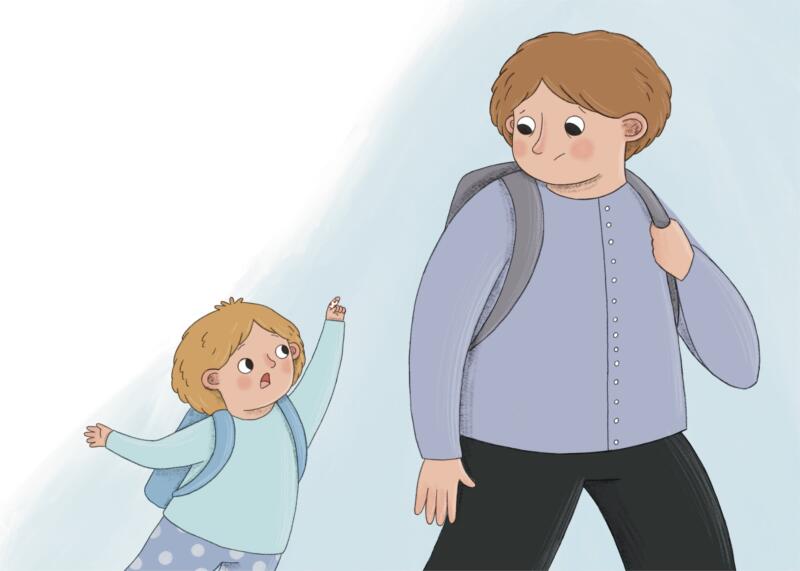 Illustration till boken Rätt ska va rätt. Lillknorr visar upprört ett plåster på sitt pekfinger för Storknorr.