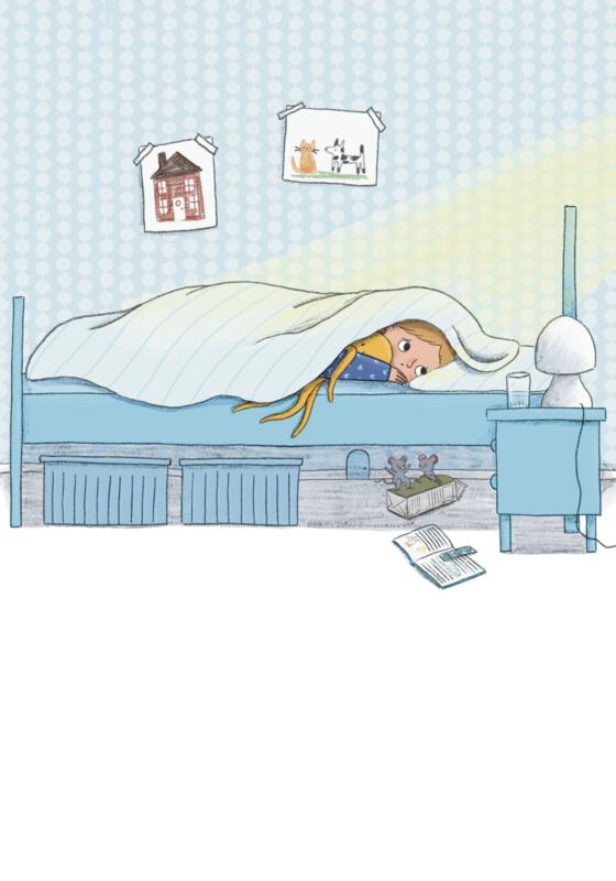 Illustration till boken Rätt ska va rätt . Lillknorr ligger under täcket i sin säng och ser ledsen och orolig ut.