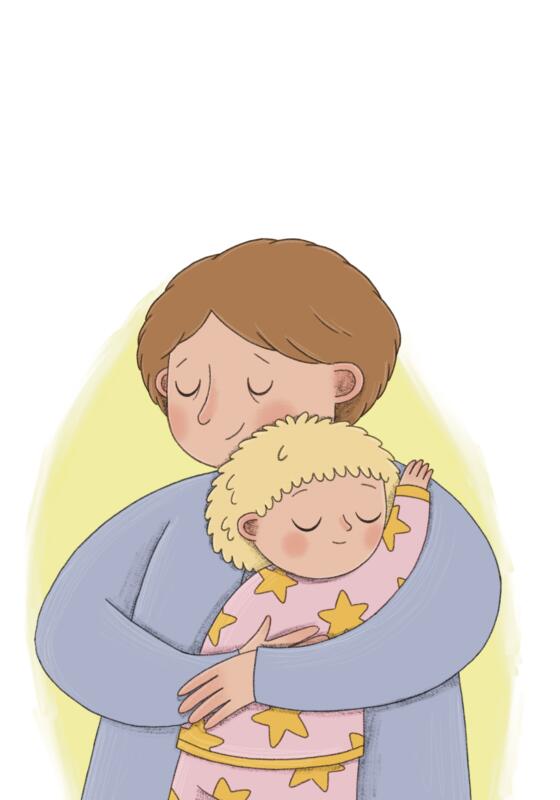 Illustration till boken Rätt ska va rätt. Storknorr och Lillknorr kramas.