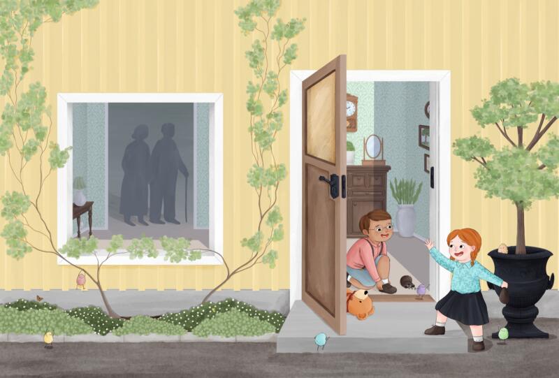 Illustration till boken Livet enligt en nallebjörn. Flickan och pojken är yngre barn och ska ut och leka. I bakgrunden ser man en silhuett av ett äldre par. Nallen ska med ut och leka.