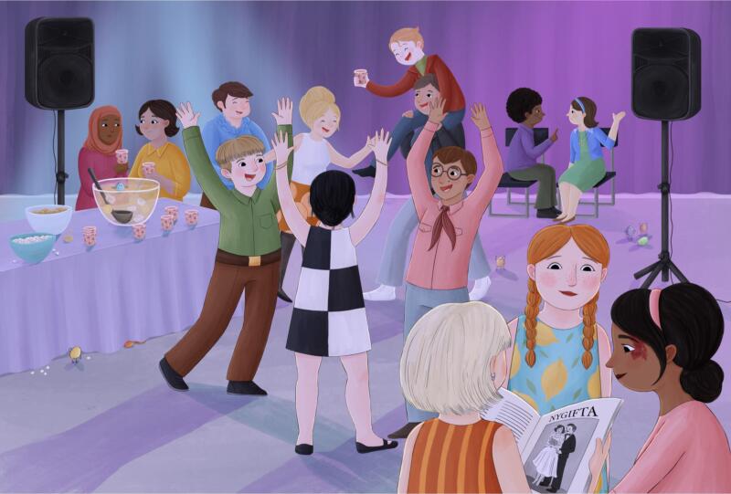 Illustration till boken Livet enligt en nallebjörn. Flickan och pojken är tonåringar. De är på disco med sina vänner. Nallen är gömd under bordet.