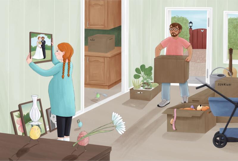 Illustration till boken Livet enligt en nallebjörn. Flickan och pojken är vuxna och flyttar in i sitt nya hus. Flickan är gravid. Nallen ligger i en låda.