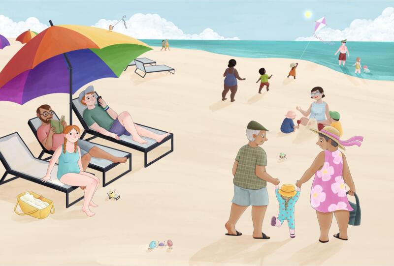 Illustration till boken Livet enligt en nallebjörn. Flickan och pojken är på semester med sitt barn som snart är vuxen. De ligger på stranden och solar. Flickan tittar längtande efter ett äldre par med sitt barnbarn, nallen ligger nedpackad i en väska.