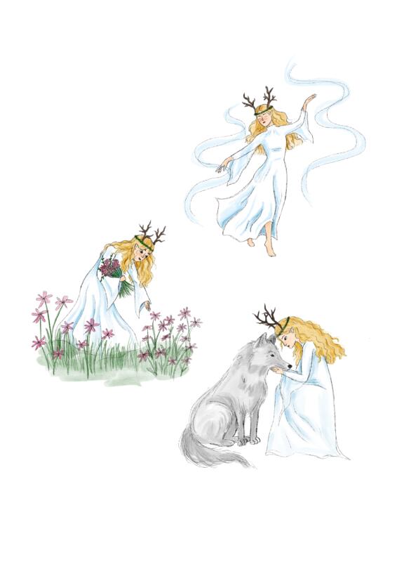 älva illustration i skiss stil med blommor och en varg