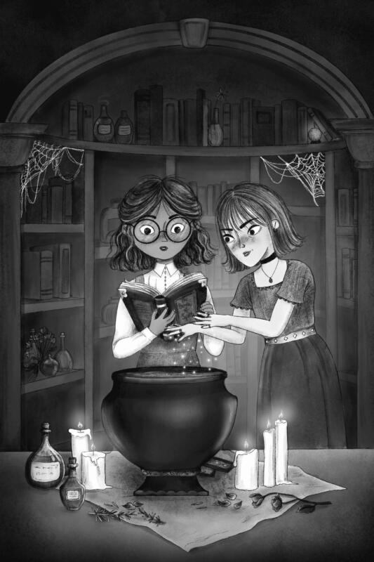 svartvit illustration till bok om häxor och magi
