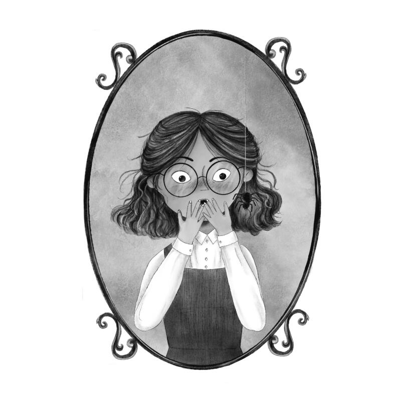 Svart vit sketch illustration av en häxa och en spindel