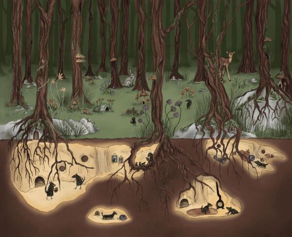 Vättar som lever och gömmer sig i svenska skogen och underjord i färgglad illustration