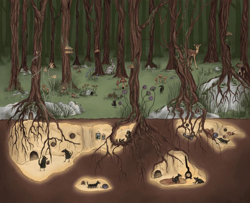 Vättar som lever och gömmer sig i svenska skogen och underjord i färgglad illustration
