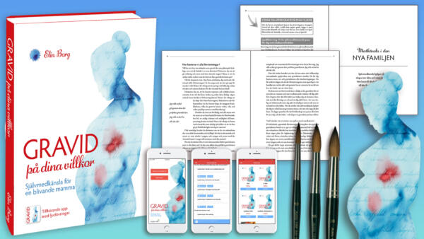Bokomslag och appdesign för Gravid på dina villkor med akvarellillustration och grafisk formgivning.