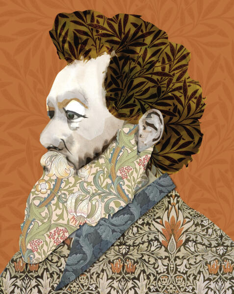 Digitalt collageporträtt inspirerat av William Morris med akvarell, botaniska mönster och dekorativa ornament. Digital collage portrait inspired by William Morris featuring watercolor, botanical patterns, and decorative ornaments.