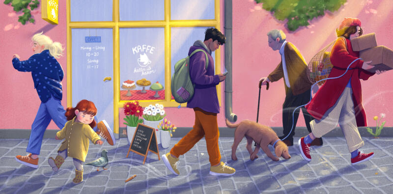 Barnboksillustration av Rebecka Porse Schalin. Människor och barn, pastell färger och härligt ljus.