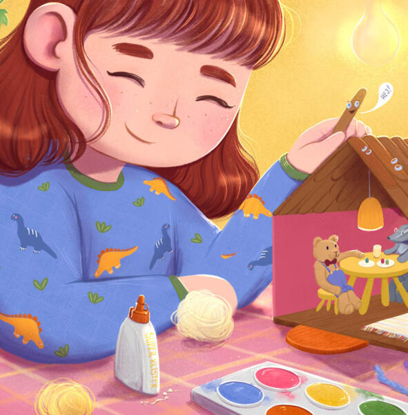 Barnboksillustration av Rebecka Porse Schalin. Människor och barn, pastell färger och härligt ljus.