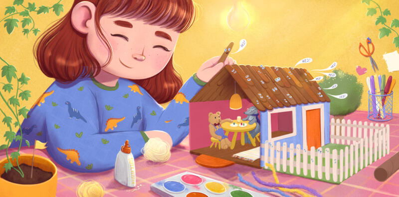 Barnboksillustration av Rebecka Porse Schalin. Människor och barn, pastell färger och härligt ljus.
