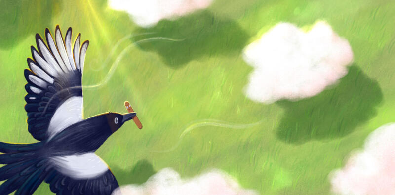 Barnboksillustration av Rebecka Porse Schalin. En skata som flyger över en äng. Fantasifulla landskap med moln.