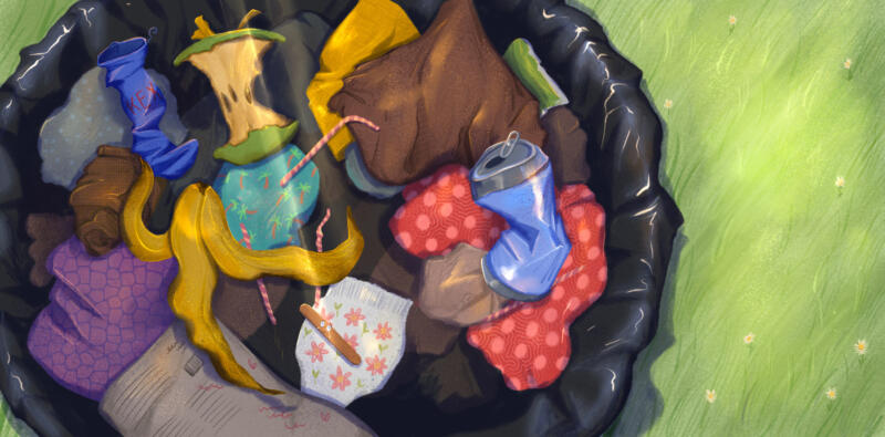 Barnboksillustration av Rebecka Porse Schalin. En soptunna fill med skräp.