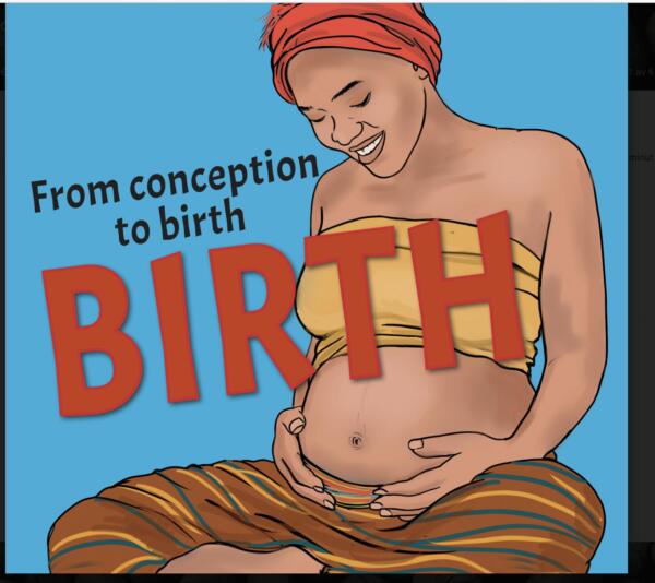 Omslagsbild av läromedel Birth. En gravid kvinna håller om sin mage och ler. 