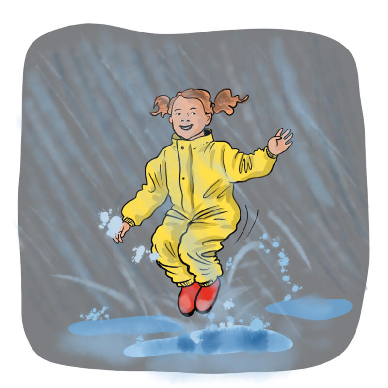 Flicka hoppar i vattenpölar. Ljud/bildkort pedagogiskt spel. Ing-Read AB . Ill: UDAL Design