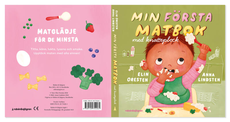 Illustration board book cover. Front: child eating on its own, title etc. Back: Illustrations of different types of food