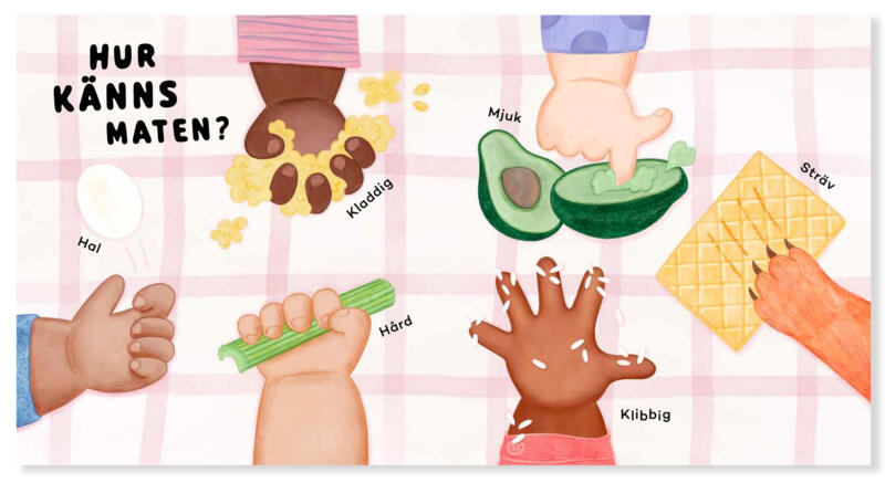 Illustration of childrens hands holding different types of food