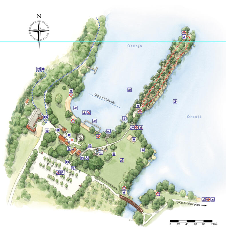 Illustrationskartor av typen perspektivkarta i akvarellteknik med digital information pålagd, över Almenäs badplats.