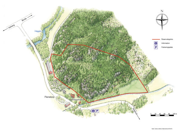 Illustrationskartor av typen perspektivkarta i akvarellteknik med digital information pålagd, över Flenstorp naturreservat.