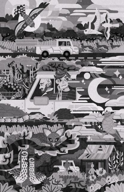 Black and white illustration over a landscape inspired by North Queensland, Australia, with a pick-up truck making it’s journey through the landscape full of animals and plants. 