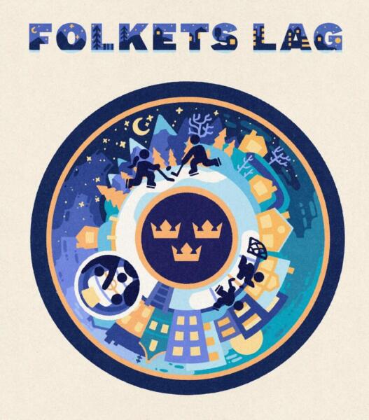 Illustration in blue and yellow that is an abstract interpretation of a viking shield with the three crowns in the middle and a circular landscape surrounding it going from the mountains to the city.