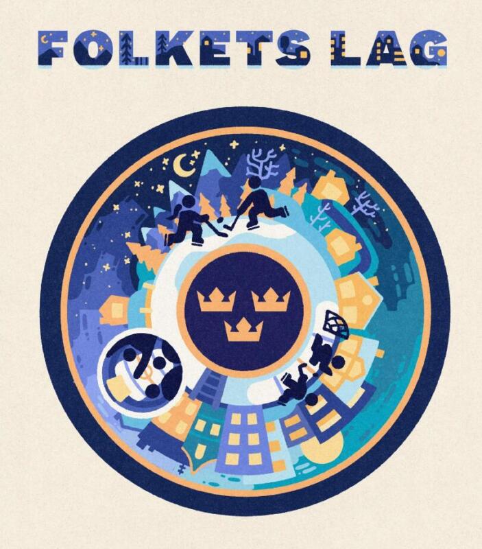 Illustration in blue and yellow that is an abstract interpretation of a viking shield with the three crowns in the middle and a circular landscape surrounding it going from the mountains to the city.