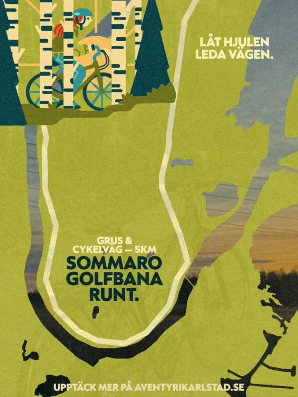Graphic with a map over part of Karlstad in green with a bike route drawn on top. In the background, a landscape photograph can be seen and in the top left corner there is an illustrated cyclist. 