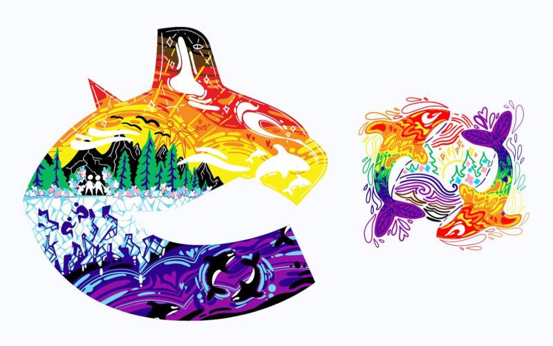 On the right, an illustration in the pride flags colours depicting a landscape from sea to sky in the Vancouver Canucks logo silhouette. On the left, two orcas in rainbow colours encircling a landscape.