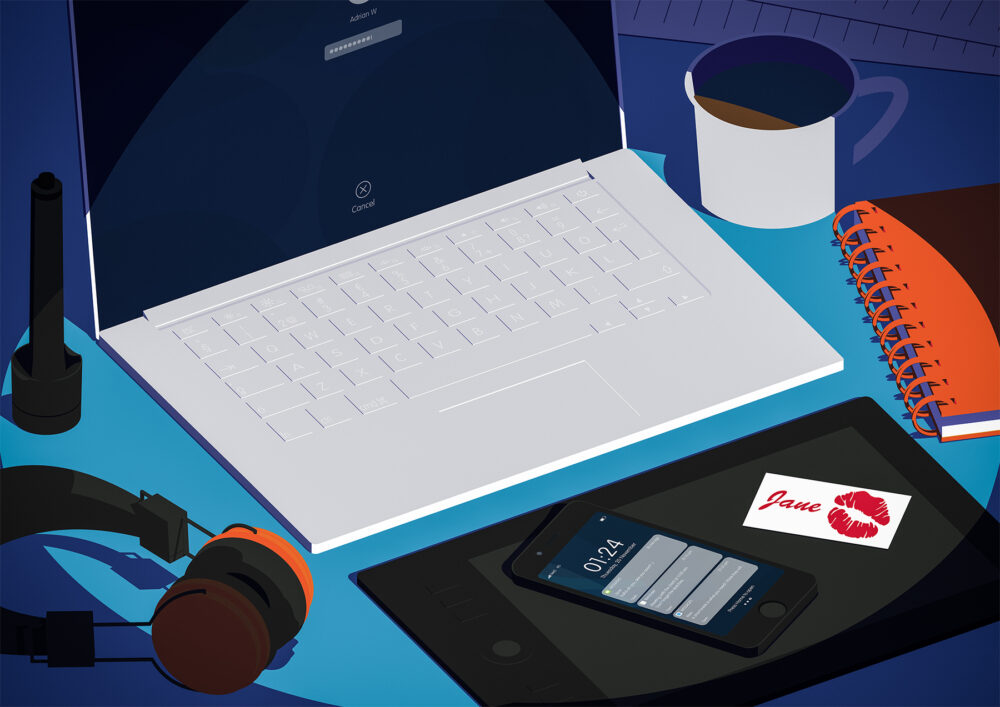 Dator, Wacom, ritplatta, hörlurar och andra produkter i en scen med spotlight,