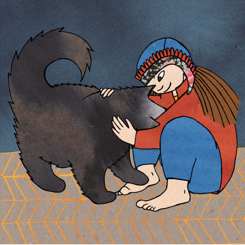 Akvarell med samisk flicka och lurvig hund som gosar på golvet. Flickan är barfota och alldeles glad, det är kväll och dags att gå hem. men de två vännerna vill inte skiljas åt. 