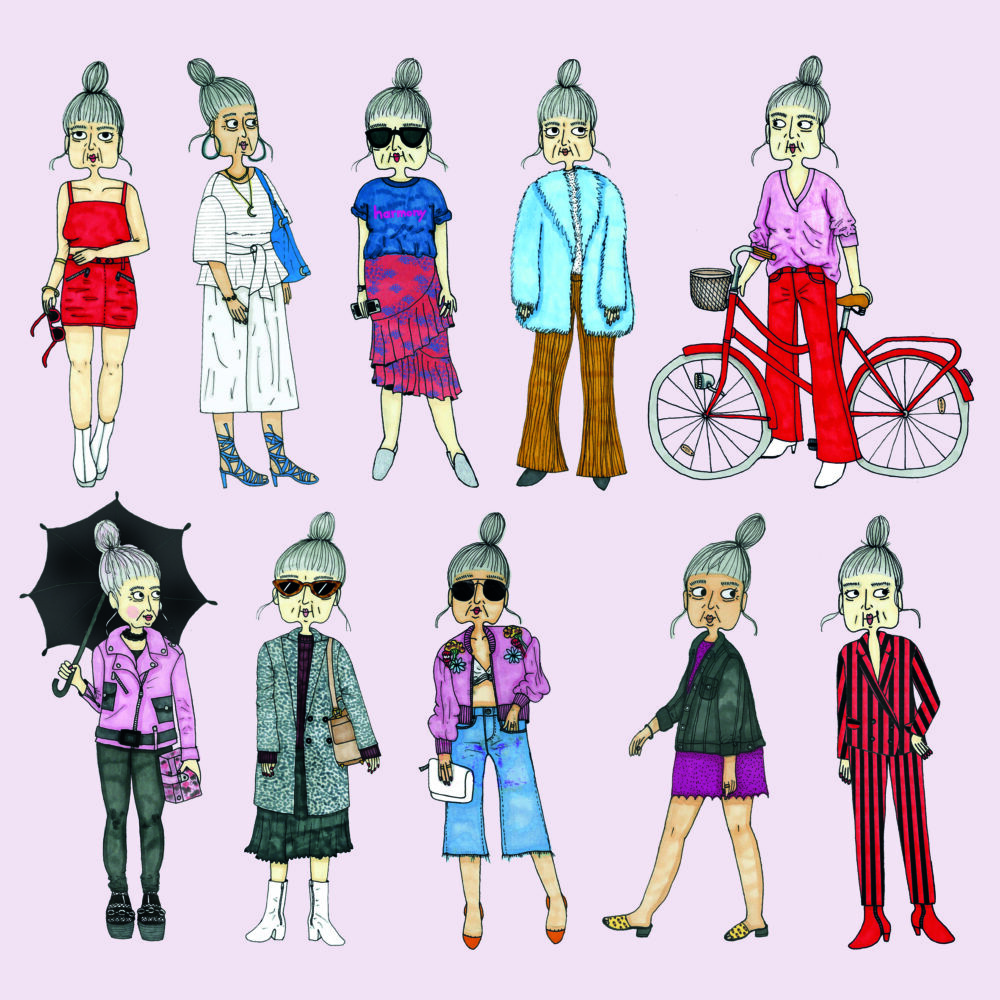 En modemedveten tant i olika speciella outfits.