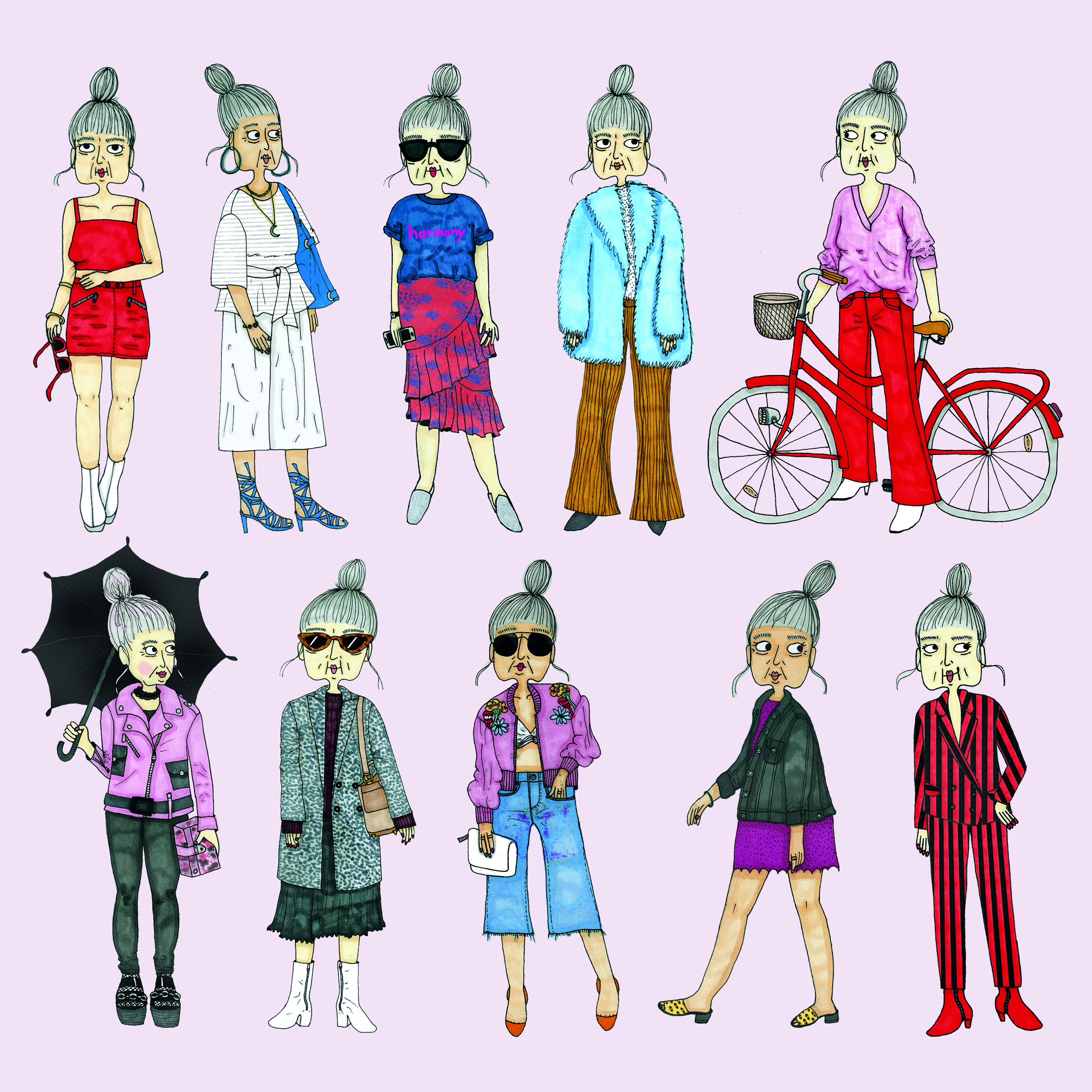 En modemedveten tant i olika speciella outfits.