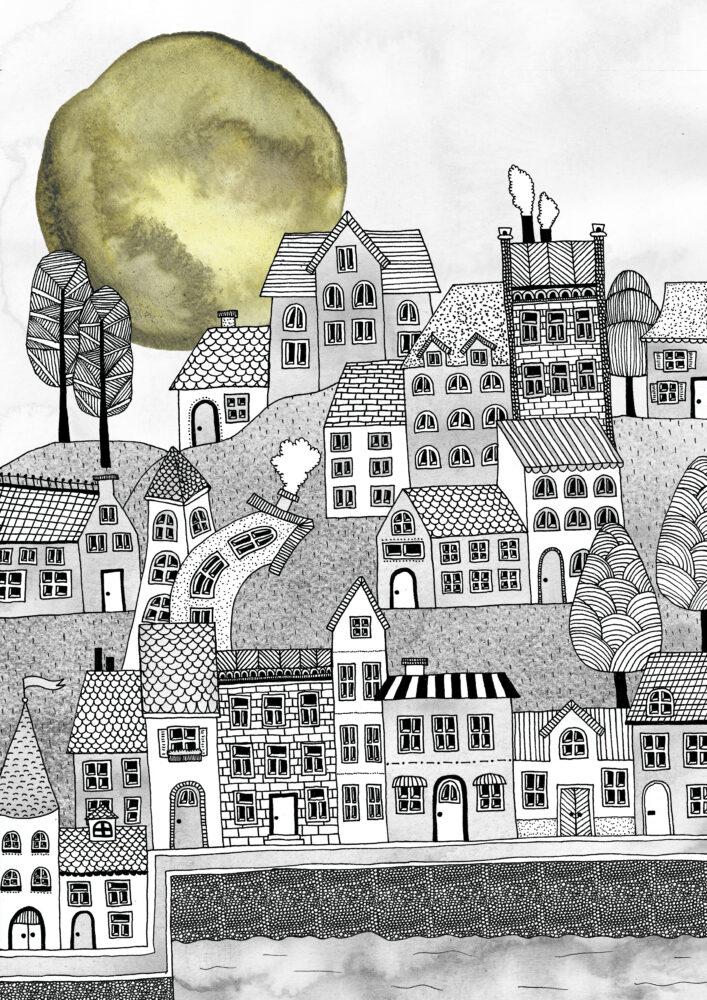 En detaljerad illustration på en stad med massa hus och träd i lekfulla former. Svartvit bild förutom en stor måne i akvarell som har en gul ton.