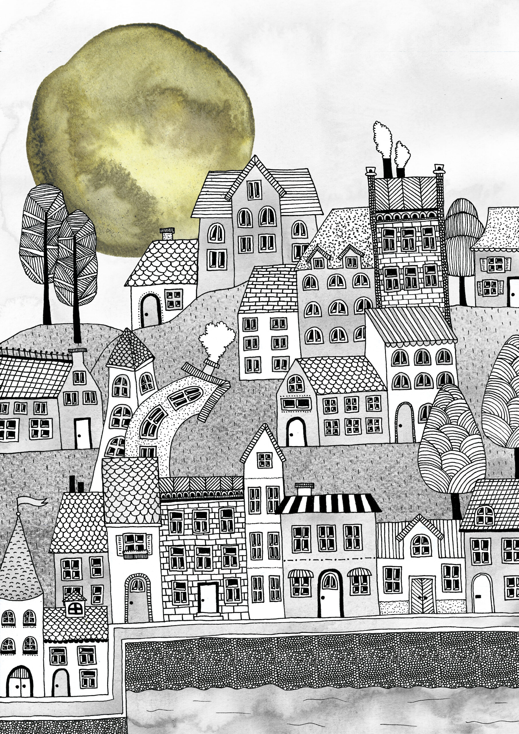 En detaljerad illustration på en stad med massa hus och träd i lekfulla former. Svartvit bild förutom en stor måne i akvarell som har en gul ton.